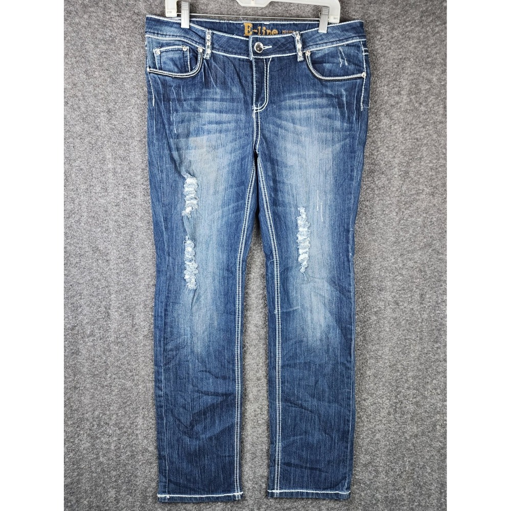 E-Line Jeans USA Straight Leg Women 34 Blue Rhinestone Embellished Distressed